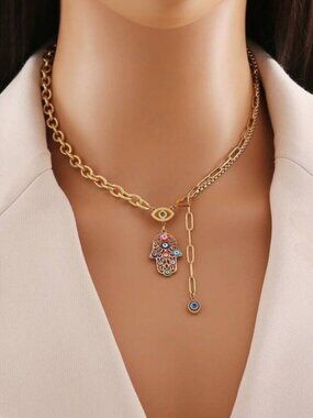 Gold Plated Stainless Steel Hamsa Hand & Evil Eye 1pc Necklace